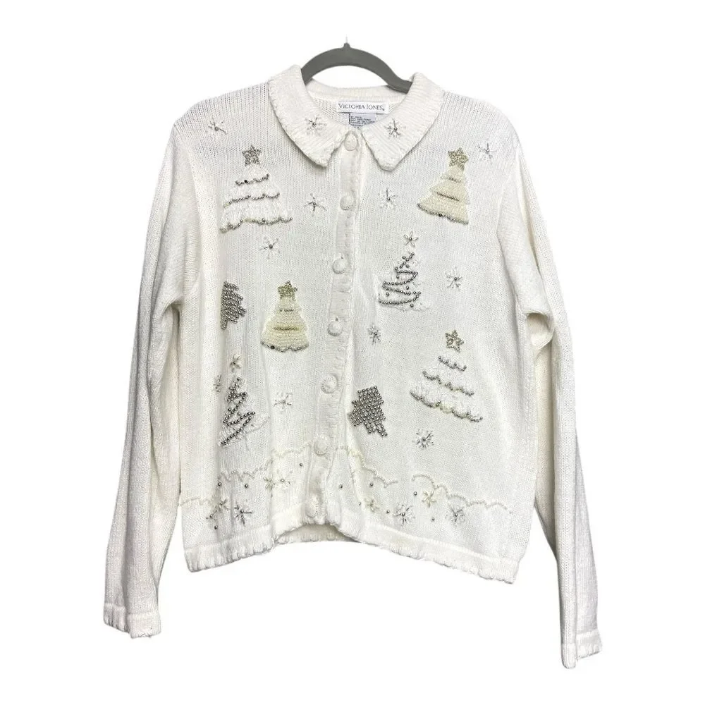 Vintage Victoria Jones white embroidery cardigan sweater size L